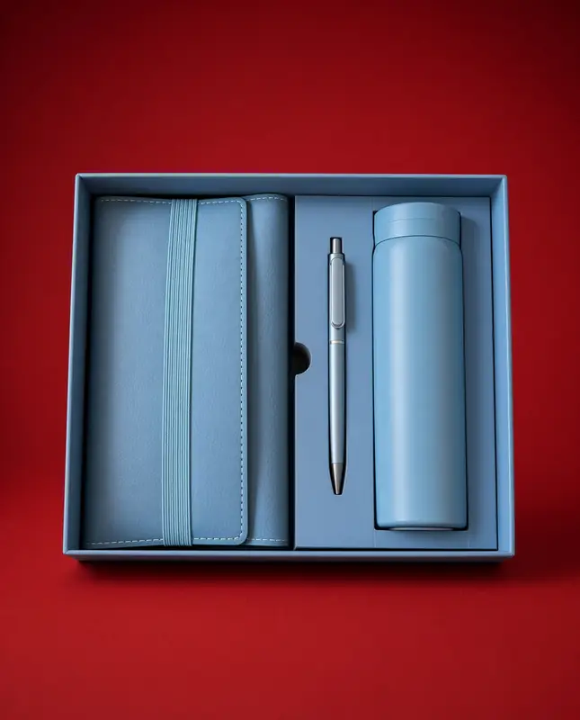 Caja con libreta, pluma y termo